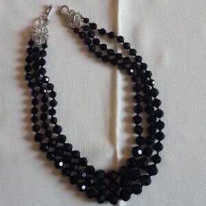 1950s Boucher 3 Strand Jet Black Round Faceted Crystal Vintage Necklace